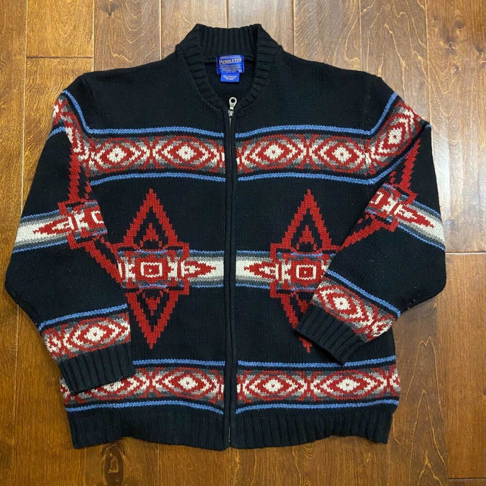 Pendleton Vintage Wool Knit Aztec Southwestern Zip Up Sweater Black Red Men's XL - Picture 3 of 9